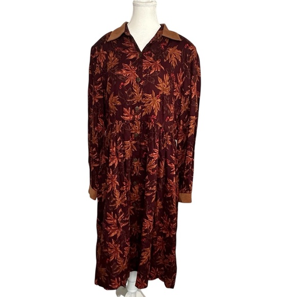 Vintage Dresses & Skirts - Vintage 90s Fall Leaves Brown Long Sleeve Fairygrunge Dress